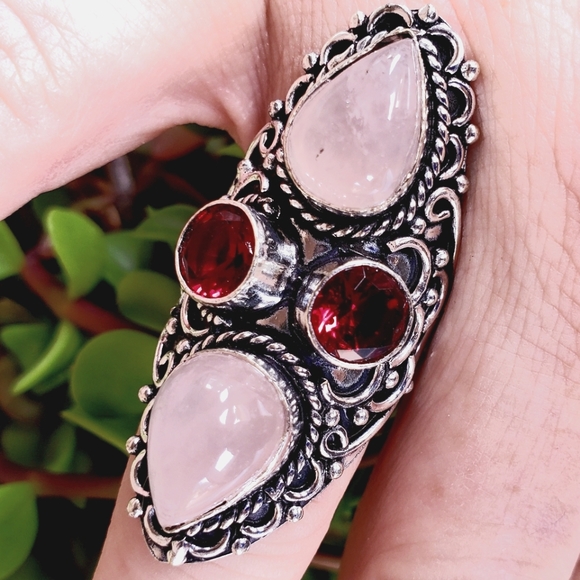 New Rose Quartz and Garnet 925 Silver Statement Ring. - Picture 1 of 15